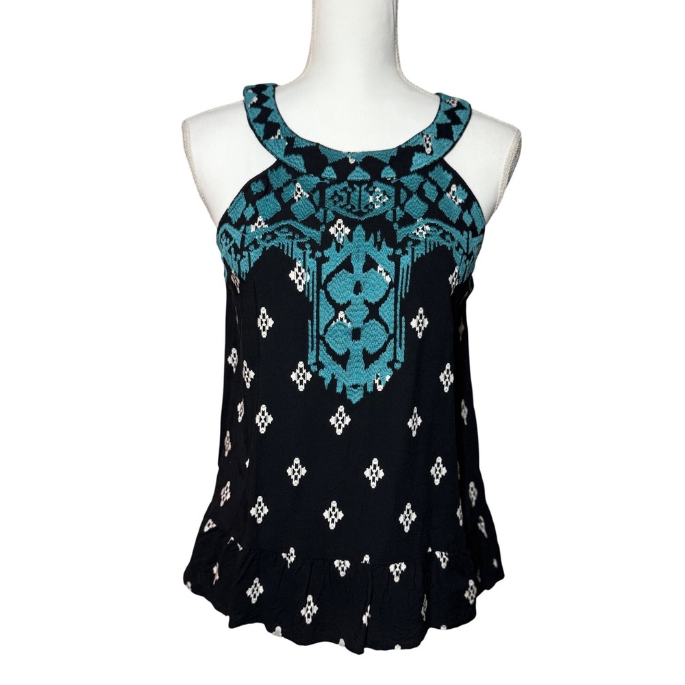 THML Embroidered Halter Top Size M Black Teal Geometric Ruffle Rayon Excellent